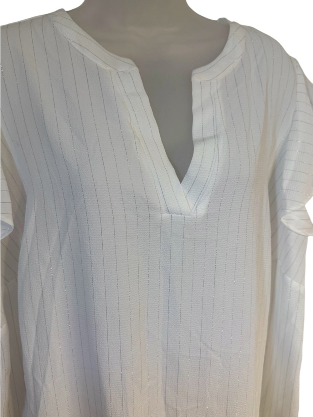 NWT Ivory w/Fine Gold Stripe Split-Neck Ruffle Sleeve Blouse PLUS: 1X #13 - Picture 2 of 11